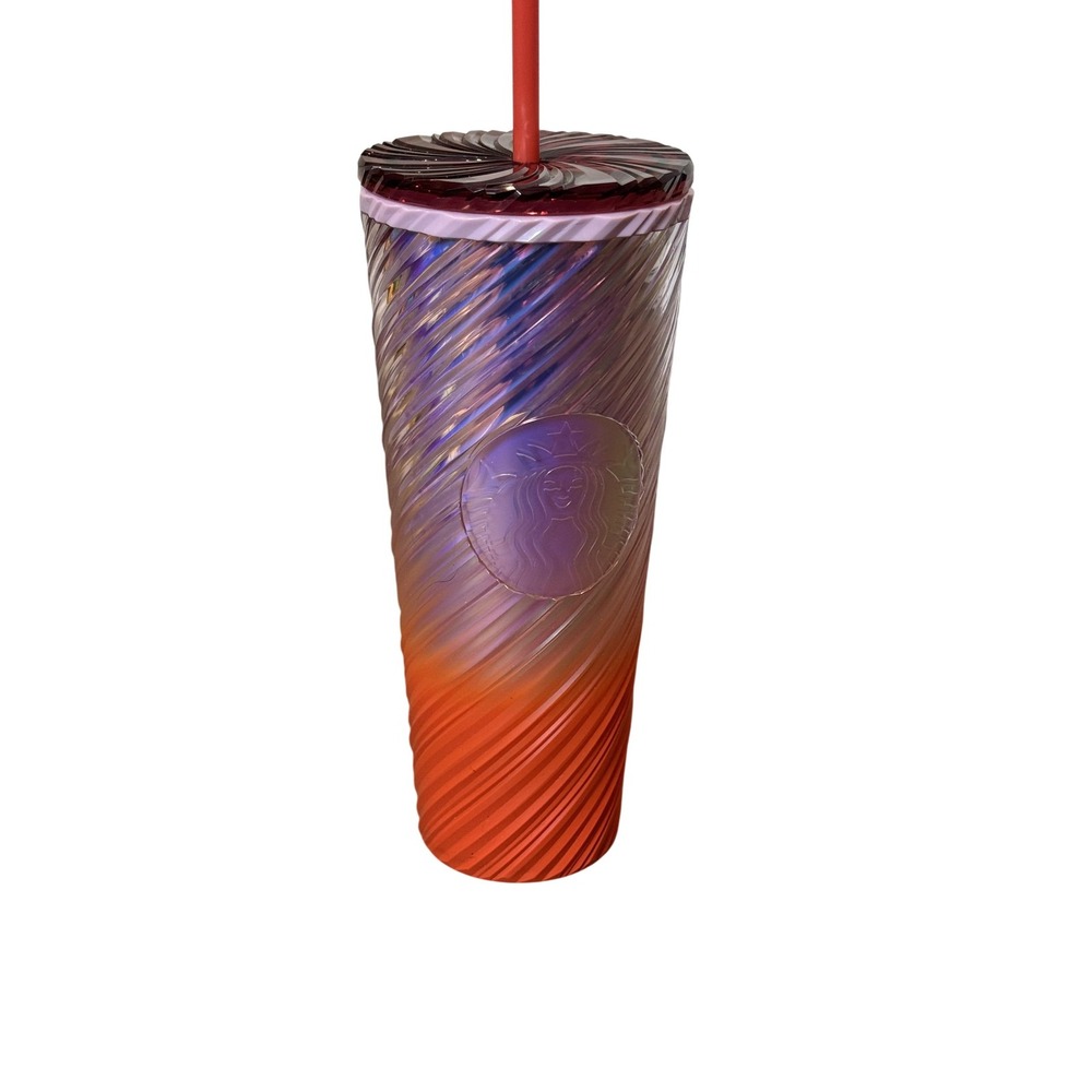 Starbucks Cold Cup Tumbler 24oz Ombre Purple Orange Swirl Straw Reusable Cup